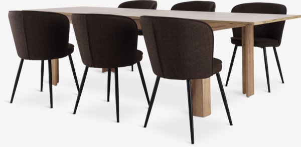 LINTRUP L190/280 table chêne + 4 RISSKOV chaises brun foncé