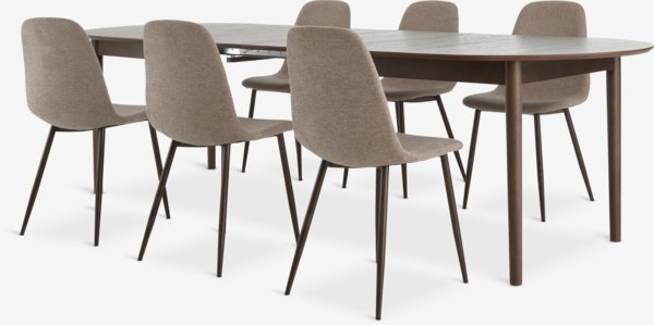 Mesa MARSTRAND L200/280 roble oscuro + 4 JONSTRUP beis