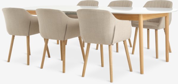 MARSTRAND L200/280 table white + 4 ADSLEV chairs beige