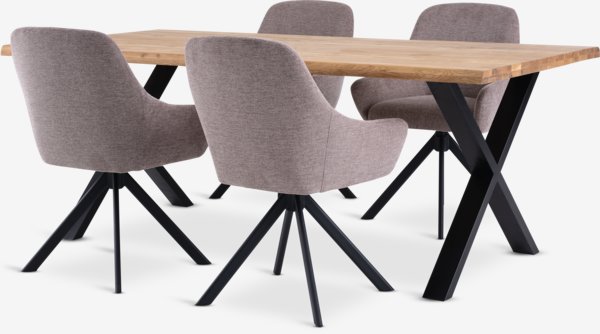 ROSLEV L200 table natural oak + 4 ROSTRUP chairs sand/black