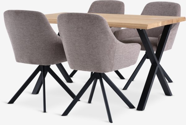 Table ROSLEV L140 chêne + 4 chaises ROSTRUP sable/noir