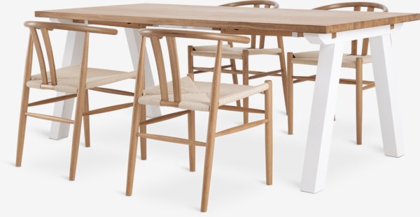 Mesa SKAGEN L200 blanco/roble + 4 GUDERUP roble/natural