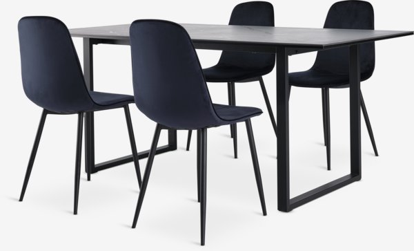 MOSELUND L180 table céramique + 4 BISTRUP chaises vel. bl. f