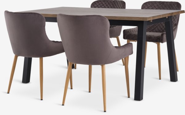 SKOVLUNDE L160 table dark oak + 4 PEBRINGE grey velvet