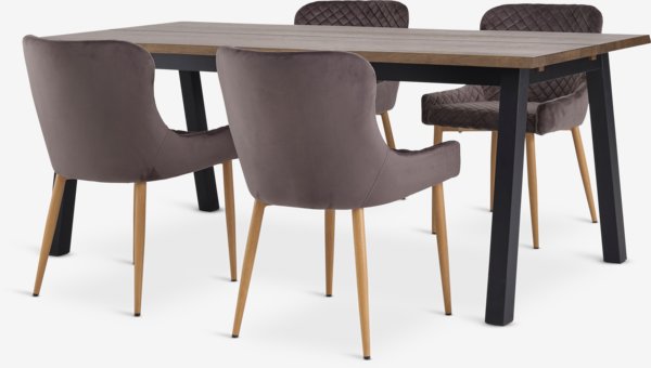 SKOVLUNDE L200 table dark oak + 4 PEBRINGE grey velvet