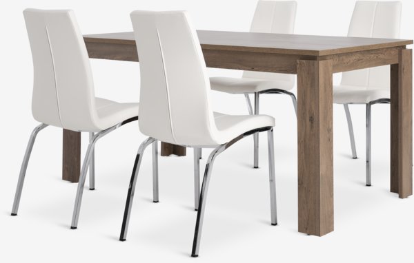 VEDDE L160 table wild oak + 4 HAVNDAL chairs white/chrome