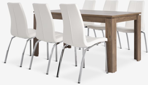 VEDDE L160 table wild oak + 4 HAVNDAL chairs white/chrome