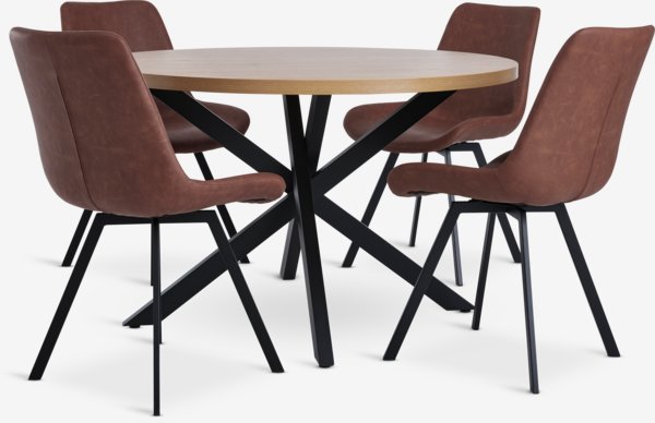 NORTOFT Ø120 table chêne + 4 HYGUM chaises cognac/noir