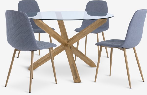 Mesa AGERBY Ø119 roble + 4 sillas JONSTRUP azul claro