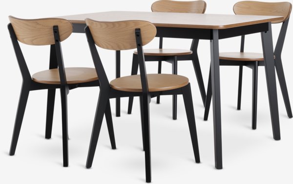 JEGIND L130 table oak/black + 4 JEGIND chairs oak/black