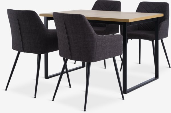 Mesa AABENRAA L120 roble + 4 sillas PURHUS gris/negro