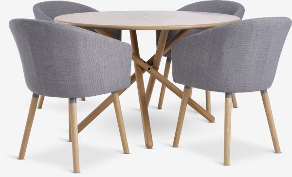 SKIBET Ø120 table chêne clair + 4 KLOSTER gris clair/chêne