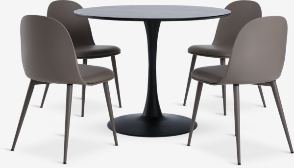 RINGSTED Ø100 table noir + 4 ULDAL chaises brun