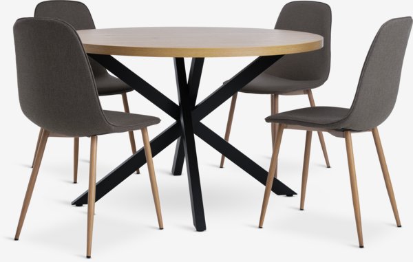 Mesa NORTOFT Ø120 roble + 4 sillas BISTRUP oliva/roble