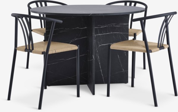 Table KRONDAL Ø110 marbre + 4 chaises JYDERUP noir/naturel