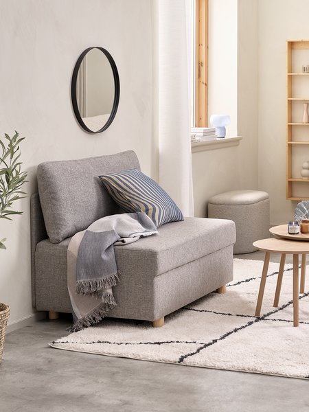 Sofa bed OLSTRUP 1.5-seater grey fabric/oak colour