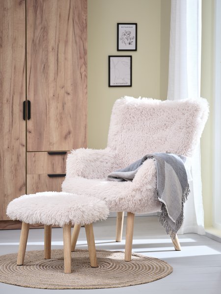 Fauteuil a/repose-pieds HVILSTED tissu teddy blanc ca./nat.