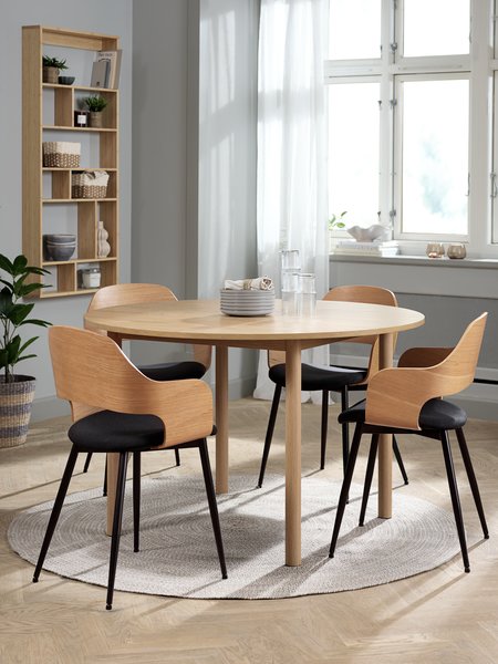 ALSTED Ø120 tafel eiken + 4 HVIDOVRE stoelen eiken/zwart