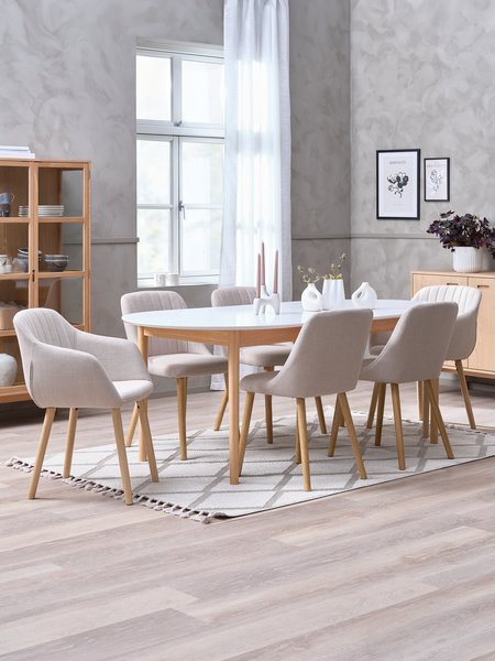 MARSTRAND L200/280 Tisch weiß + 4 ADSLEV Stühle beige