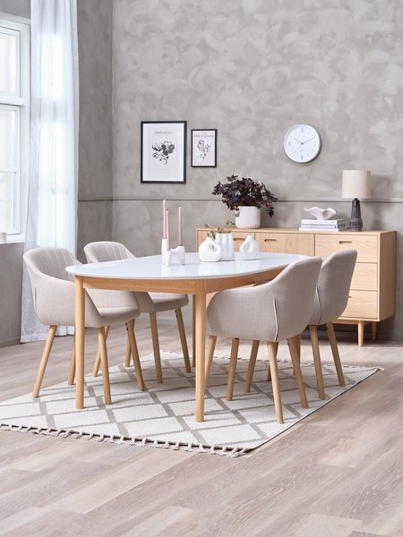 MARSTRAND L200/280 bord hvid + 4 ADSLEV u/armlæn beige