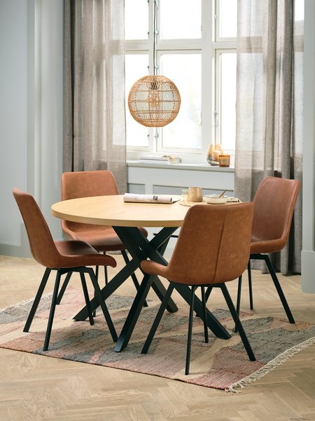 Table NORTOFT Ø120 chêne + 4 chaises HYGUM cognac/noir