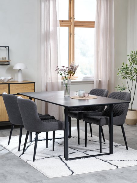 Table MOSELUND L180 céramique + 4 chaises PEBRINGE gris/noir