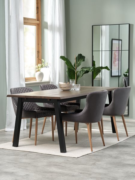 SKOVLUNDE L200 table dark oak + 4 PEBRINGE grey velvet
