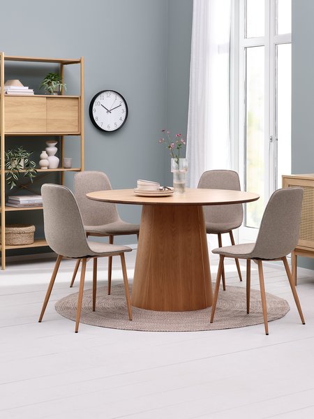 KLIPLEV Ø120 Tisch Eiche natur + 4 BISTRUP Stühle sand