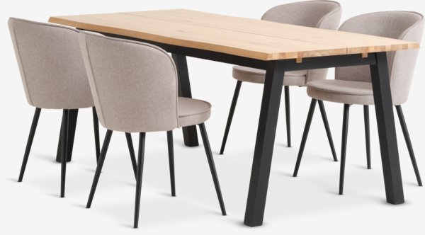 SKOVLUNDE L200 tafel naturel eiken + 4 RISSKOV lichtgrijs