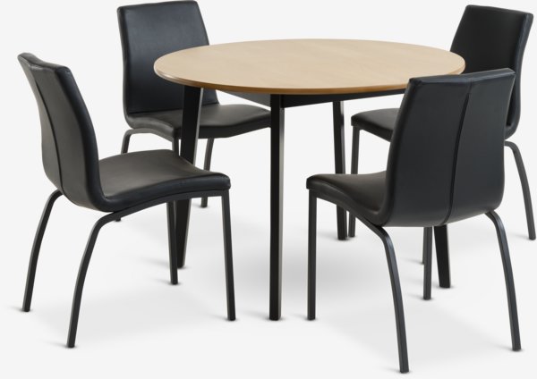 JEGIND Ø105 tafel eiken + 4 ASAA stoelen zwart