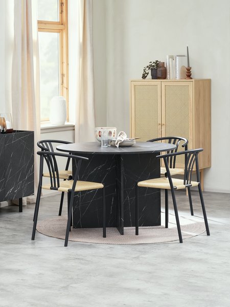 Mesa KRONDAL Ø110 mármol + 4 sillas JYDERUP negro/natural