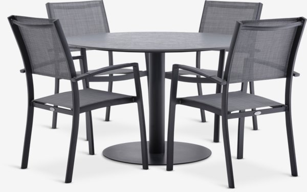 VAMDRUP Ø120 pöytä + 4 STRANDBY tuoli harmaa