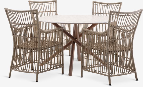 SANDVIG Ø120 table beige + 4 FJELLERUP chaises naturel