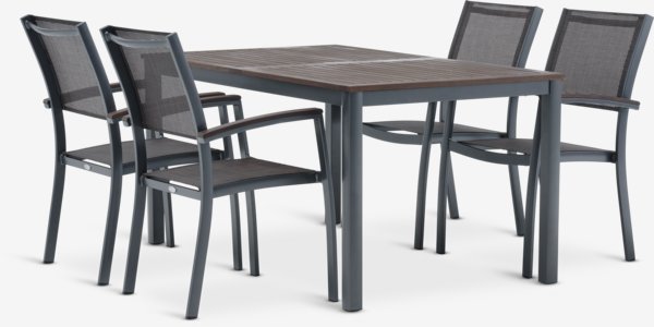 Table YTTRUP L150 bois dur +4 chaises MADERNE empilable gris