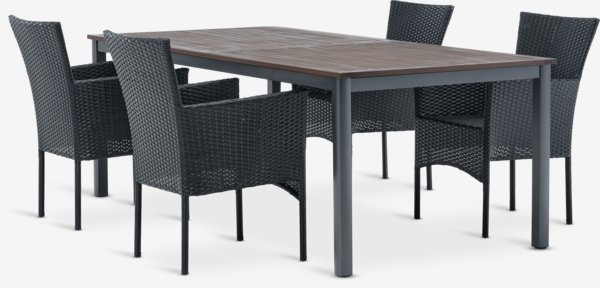 Table YTTRUP L210/300 bois dur + 4 chaises AIDT noir