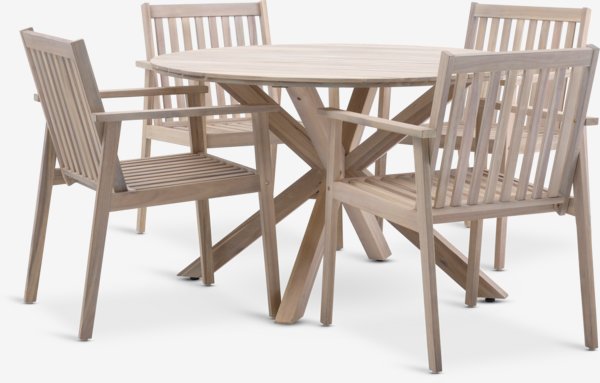 Table FUGLSAND Ø120 bois dur + 4 chaises de jardin RADSTED