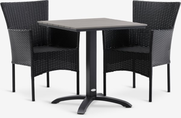 Table bistrot HOBRO L70 gris + 2 chaises AIDT empilable noir