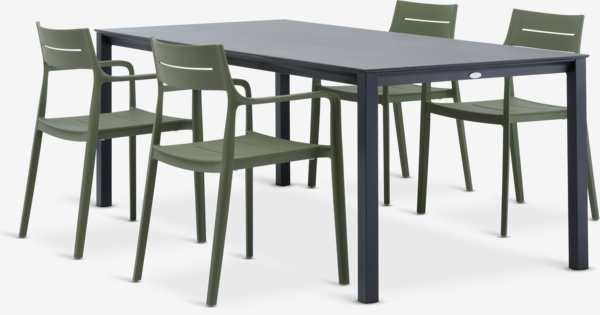 Mesa LANGET L207 negro + 4 sillas INGSTRUP verde oliva