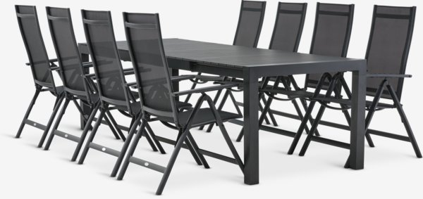 Table HESTEHAVE L205/275 + 4 chaises LOMMA inclinable noir