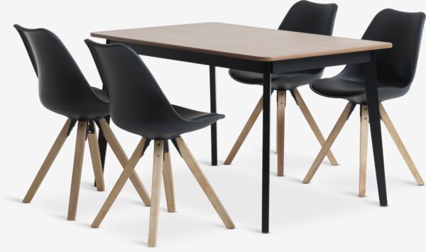 Table JEGIND L130 chêne/noir + 4 chaises BLOKHUS noir