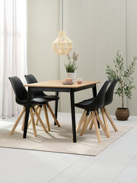 Table JEGIND L130 chêne/noir + 4 chaises BLOKHUS noir