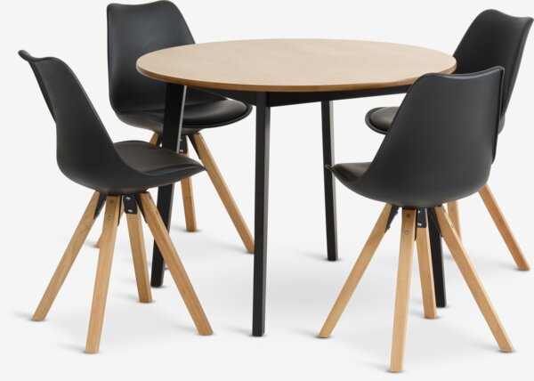 Table JEGIND Ø105 chêne + 4 chaises BLOKHUS noir