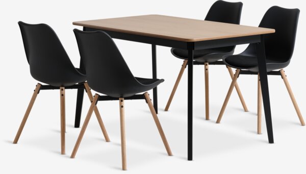 Table JEGIND L130 chêne/noir + 4 chaises KASTRUP noir