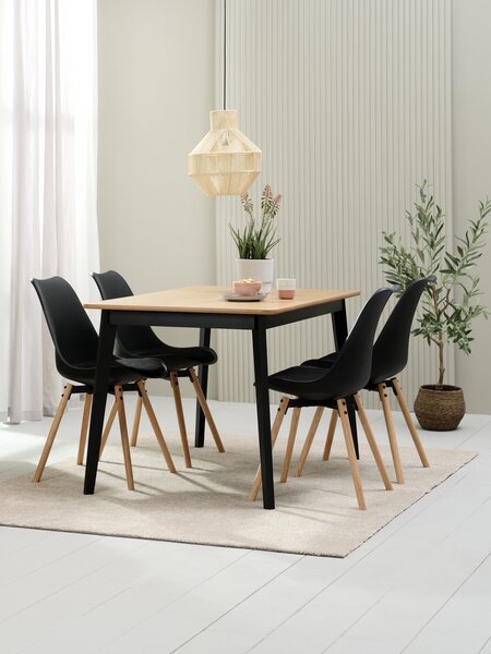 Table JEGIND L130 chêne/noir + 4 chaises KASTRUP noir