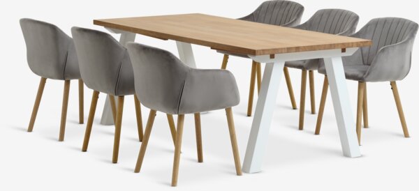 Table SKAGEN L200 blanc/chêne +4 chaises ADSLEV velours gris