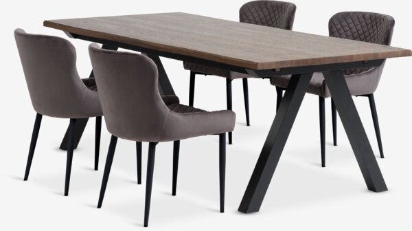 Table SANDBY L210 chêne foncé + 4 chaises PEBRINGE gris/noir