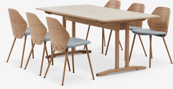 Table AALBORG L180/270 chêne + 4 chaises HORNE chêne/gris