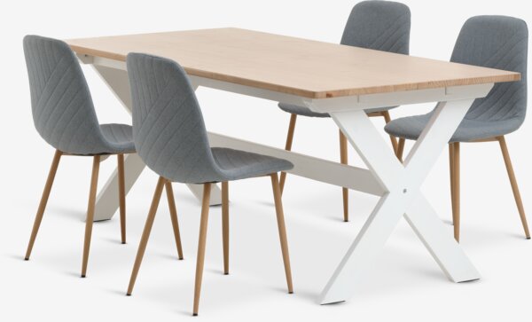 Table VISLINGE L190 naturel + 4 chaises JONSTRUP bleu clair