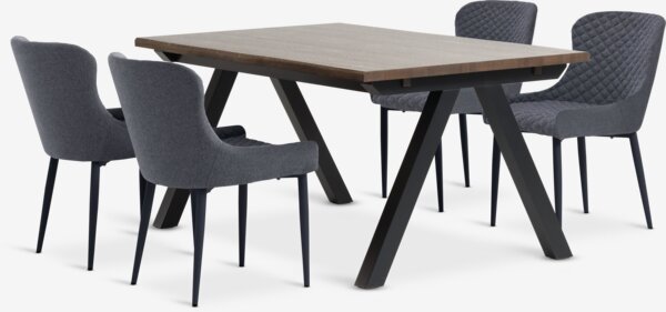 Table SANDBY L160 chêne foncé + 4 chaises PEBRINGE gris/noir