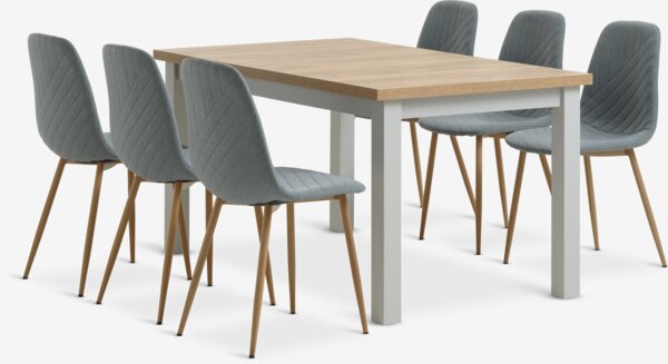 Table MARKSKEL L150/193 gris + 4 chaises JONSTRUP bleu clair